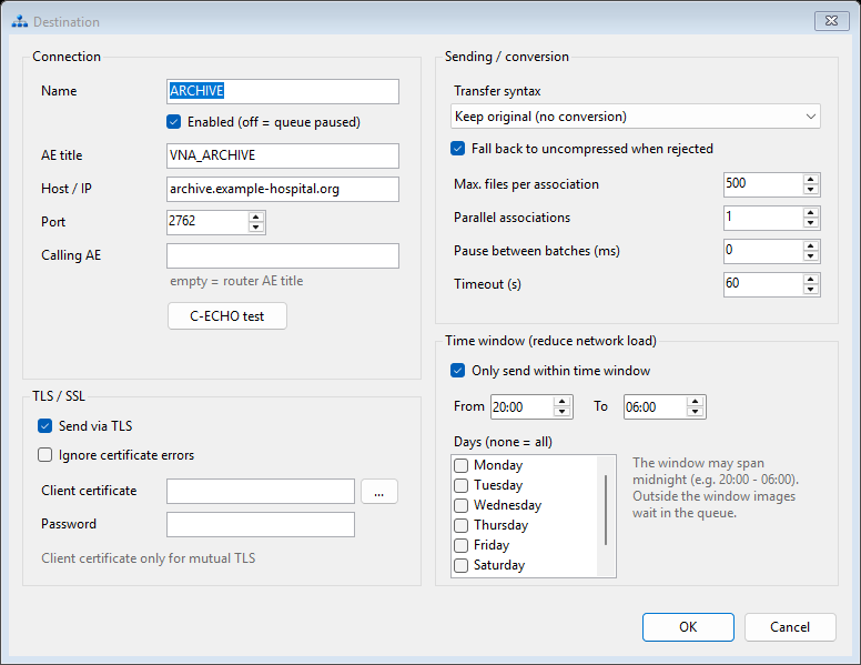 DCMrouter destination configuration dialog