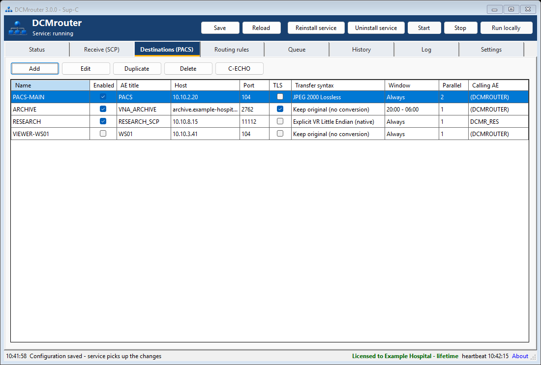 DCMrouter configured DICOM destinations