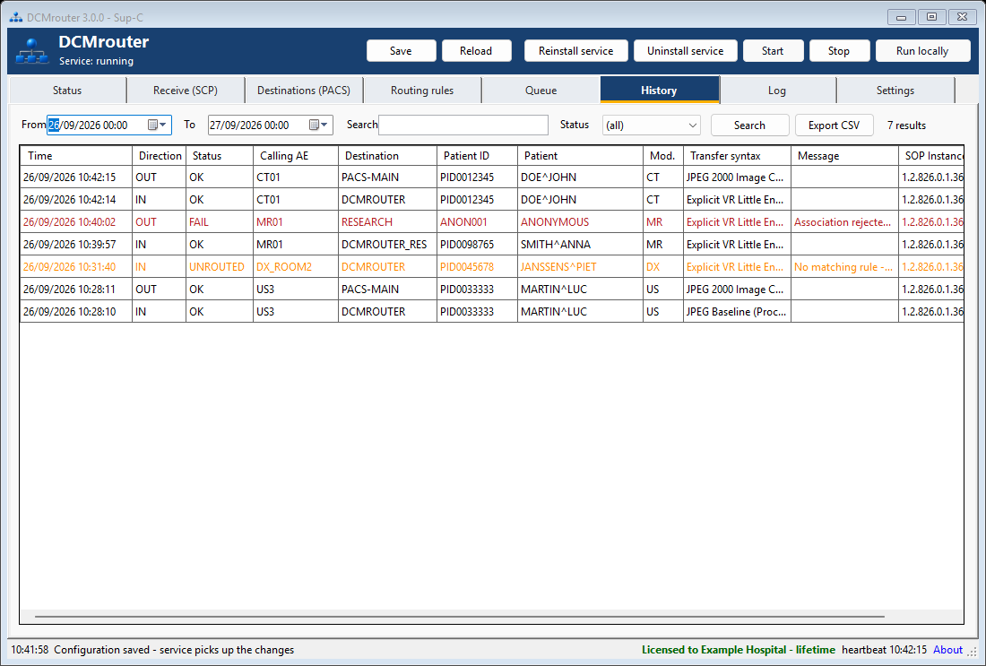 DCMrouter searchable DICOM routing history