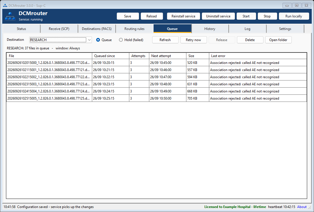 DCMrouter persistent queue and retry status