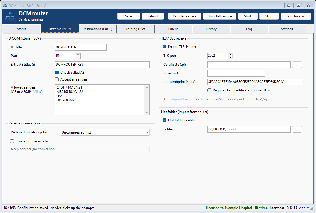 DCMrouter Receive SCP configuration with TLS and hot folder