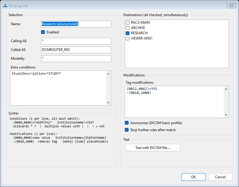 DCMrouter rule editor with anonymization and DICOM tag modifications