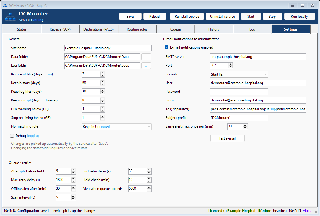 DCMrouter settings with retention retry and email notification options