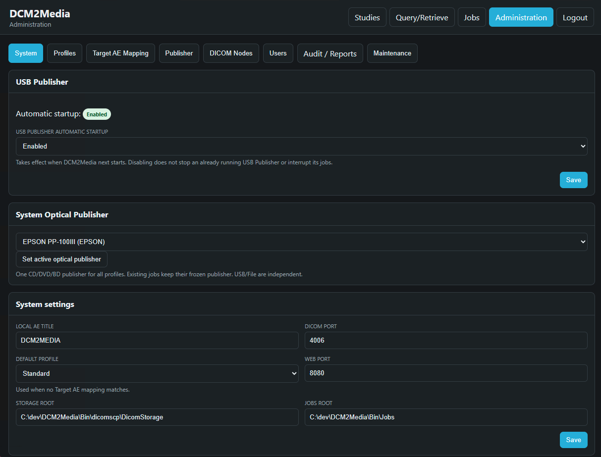 DCM2Media administration and configuration interface